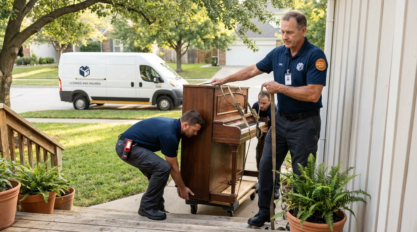 Licensed piano movers securing grand piano in Farmington, NH