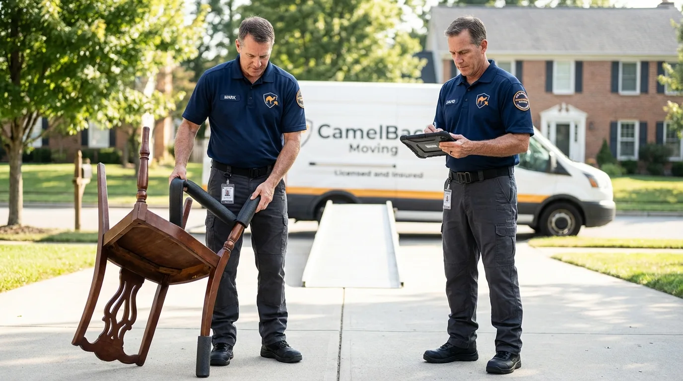 Movers inspecting furniture for damage prevention before loading in Farmington, NH