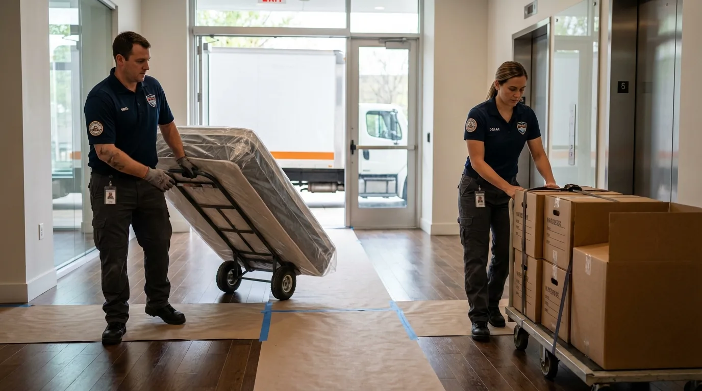 Professional apartment movers loading elevator in Farmington, NH