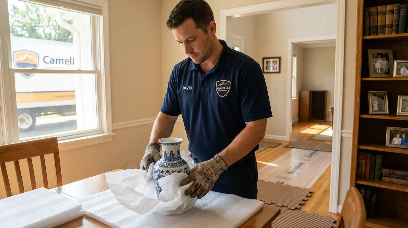 Professional crew carefully wrapping antique vase for senior downsizing move in Farmington, NH