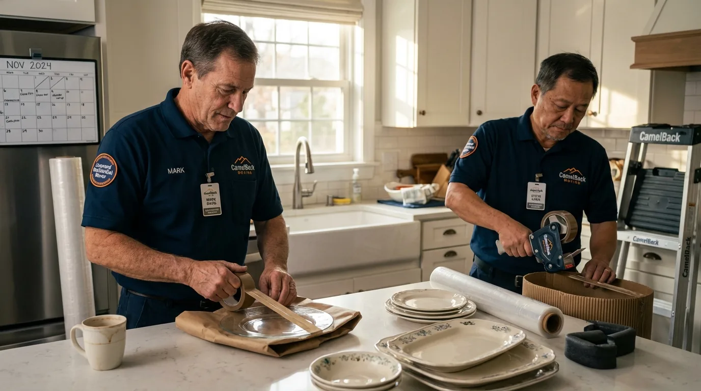 Professional crew packing kitchen dishware in Farmington, NH